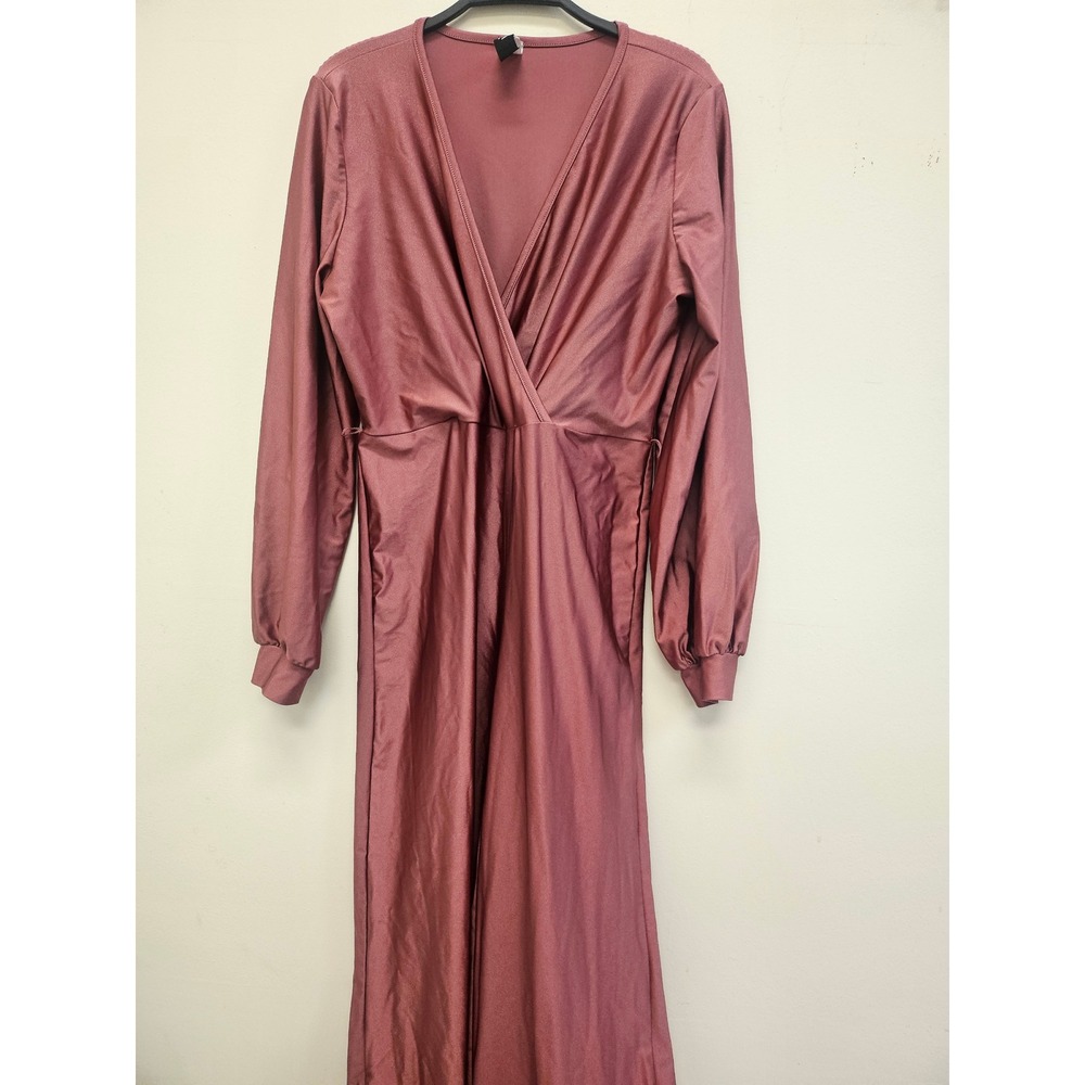 Akira Womens XL Mauve Pink Shimmer Surplice V-Neck Wide Leg Long Sleeve Jumpsuit